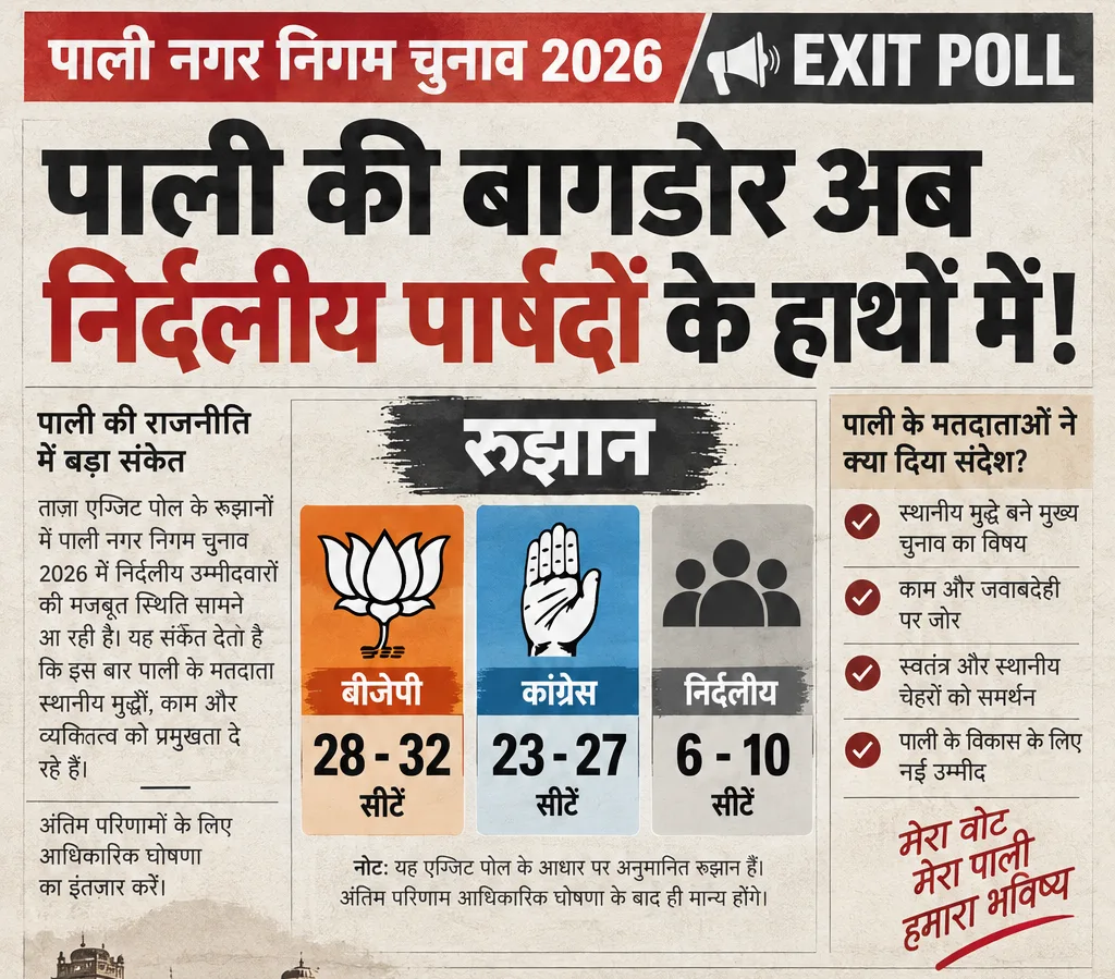 पाली नगर निगम एग्जिट पोल: भाजपा 28–32, कांग्रेस 23–27 और निर्दलीय 6–10 सीटों का अनुमान; अंतिम परिणाम नहीं।